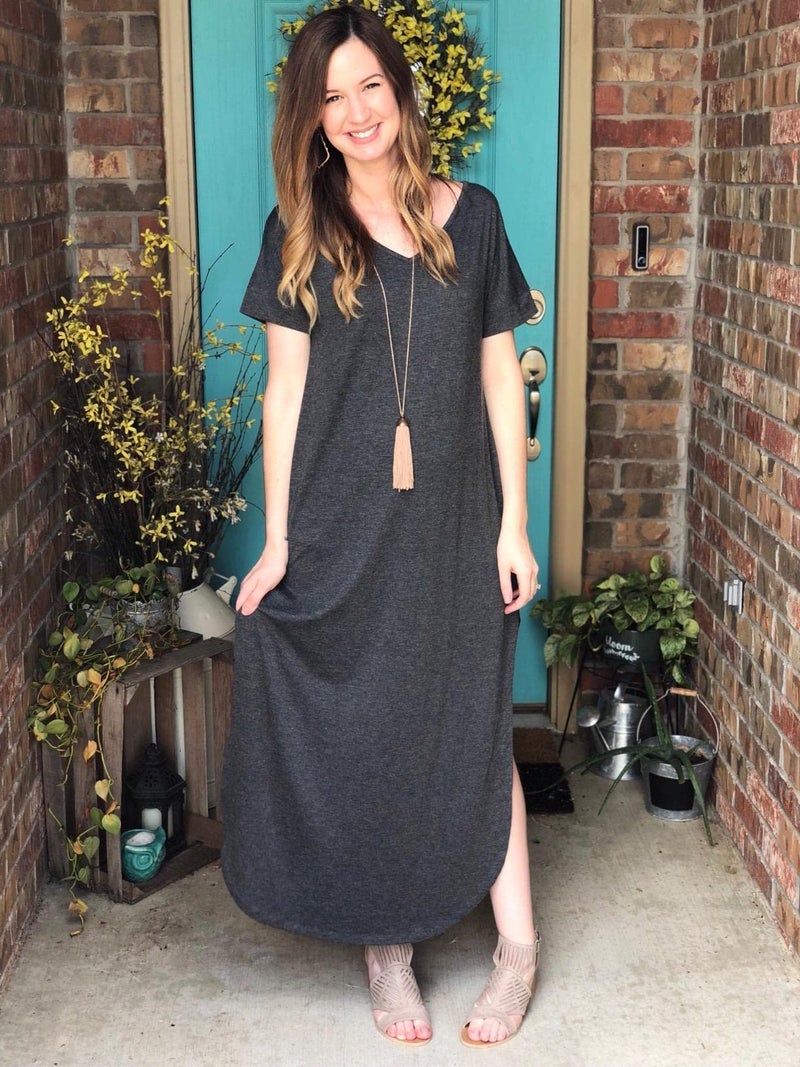 GRECERELLE Women's Maxi Dress Summer Casual Loose Side Split Short Sleeve V Neck Long Dresses with Pockets, Dark Gray, Medium - Image 3